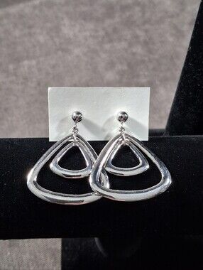 Marked 925 Sterling Silver Dbl Triangle 38mm x 32mm Pierced Dangle Earrings NEW
